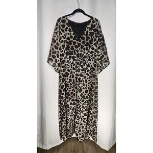 New York & Company Leopard Print Chiffon Short Sleeve Maxi Dress XL V Neck
